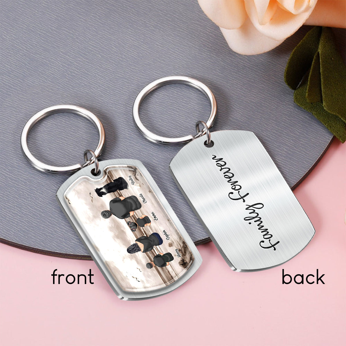Family Sitting Back View Retro Vintage Beach Landscape - Personalized Family Epoxy Metal Keychain