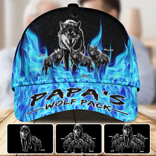 Grandpa's Wolf Pack Blue Flames - Personalized Grandpa Classic Cap