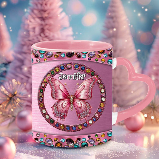 Beautiful Pink - Personalized Butterfly Heart Handle Mug