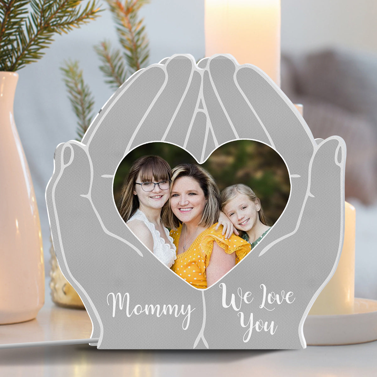 Mom We Love You Hand Holding Heart - Personalized Mother Shaped Light Box