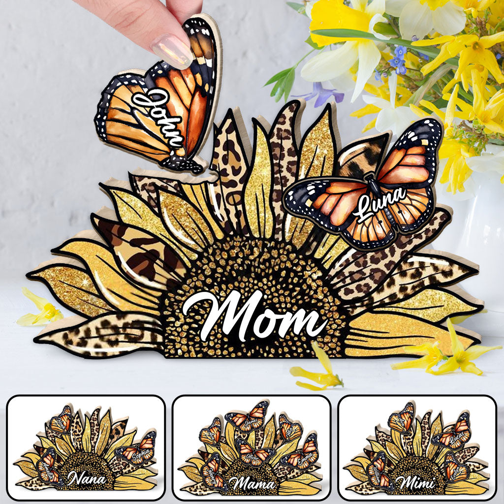 Mom Butterly Monarch Sunflower - Personalized Mother Shaped Wooden Puzzle
