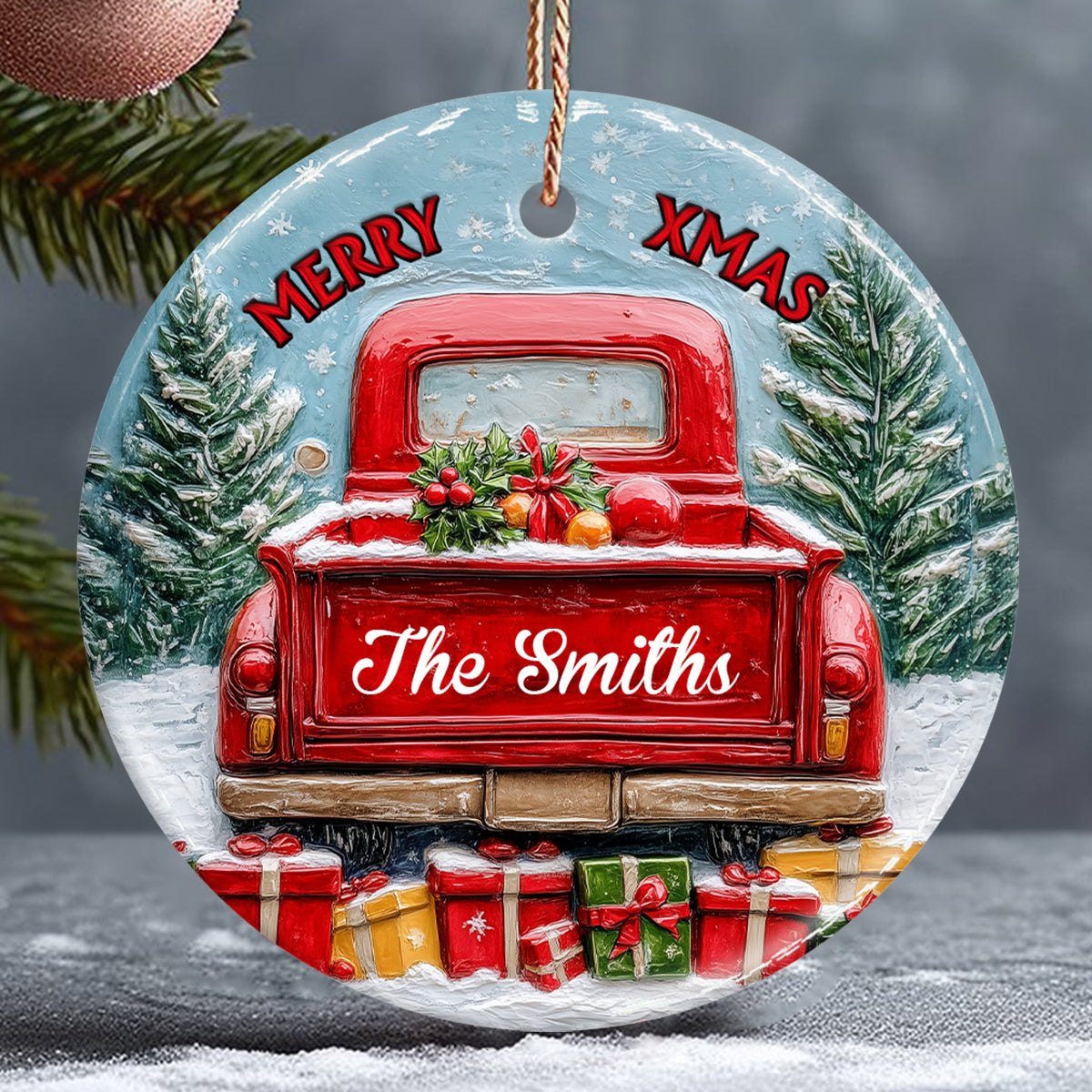 Merry Christmas Family - Personalized Family Ceramic Circle Ornament