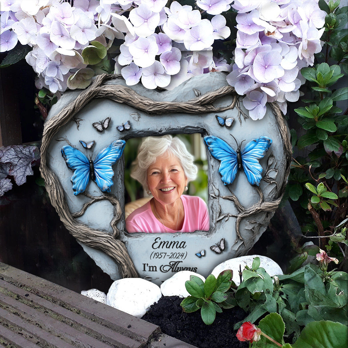 In Loving Memory Blue Butterfly - Personalized Memorial Heart Shaped Stone