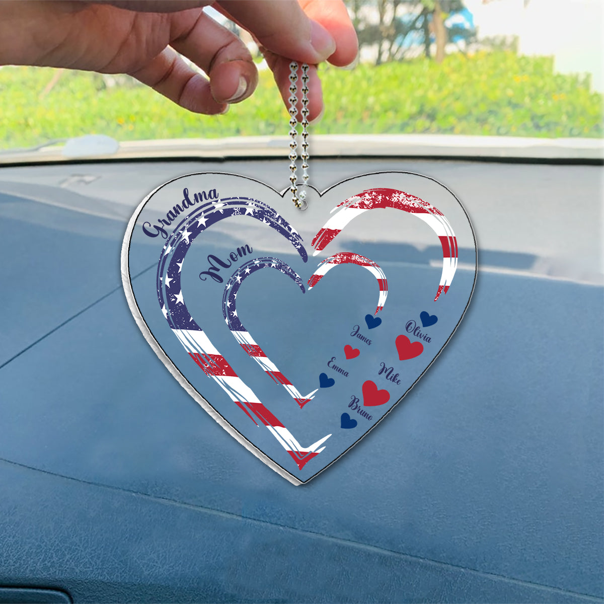 4th Of July Grandma's Hearts - Personalized Grandma Custom Shaped Car Ornament