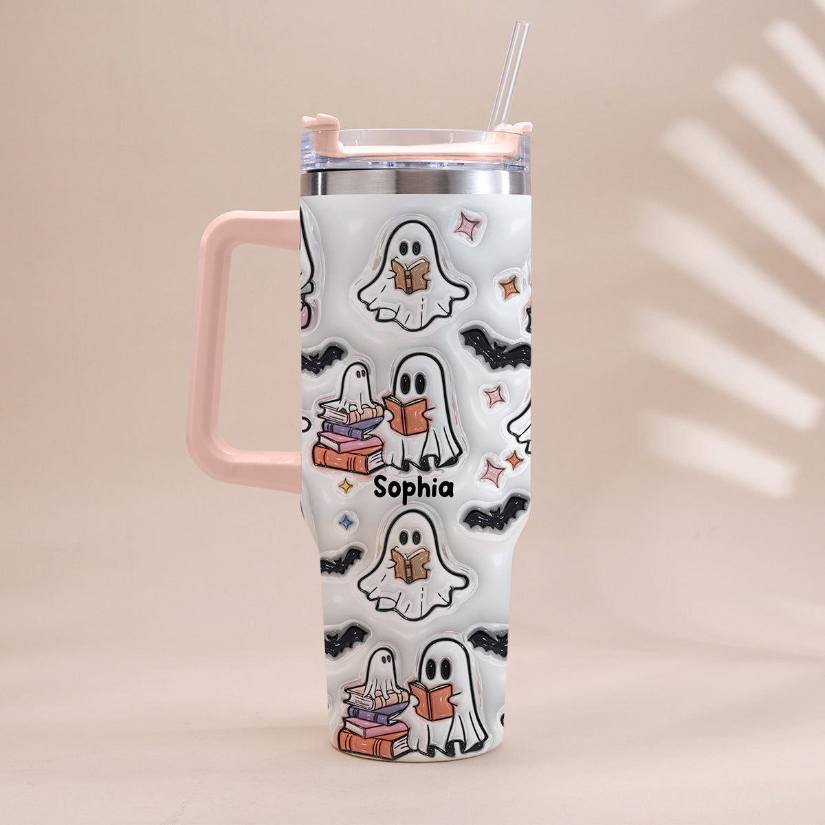 Cute Ghost Reading Booooks - Personalized Book Tumbler With Handle