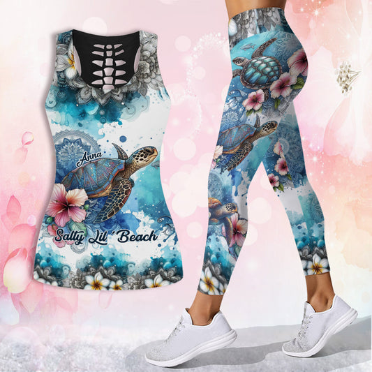 Sea Turtle Mandala Tropical Flower - Personalized Turtle Hollow Tank Top and Leggings