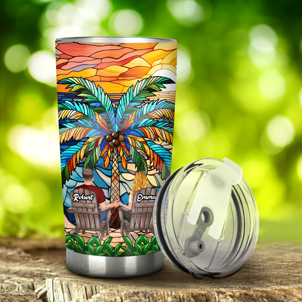 Under The Palm Tree Happy Couple - Personalized Couple Tumbler