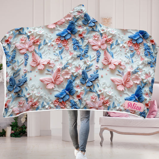Pink And Blue Butterflies - Personalized Butterfly Hooded Blanket