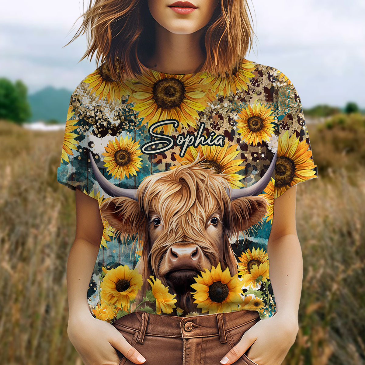 Highland Cow Among Sunflowers - Personalized All Over Shirt