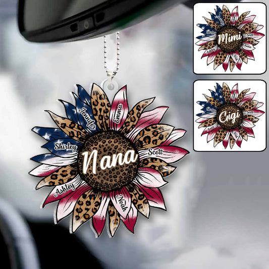 Grandma's Sunflower 4th Of July Flag - Personalized Grandma Custom Shaped Car Ornament