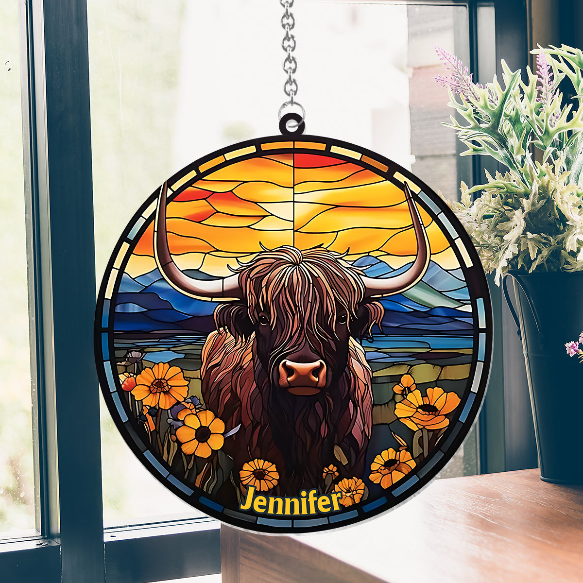 Love Highland Cow - Personalized Window Hanging Suncatcher Ornament