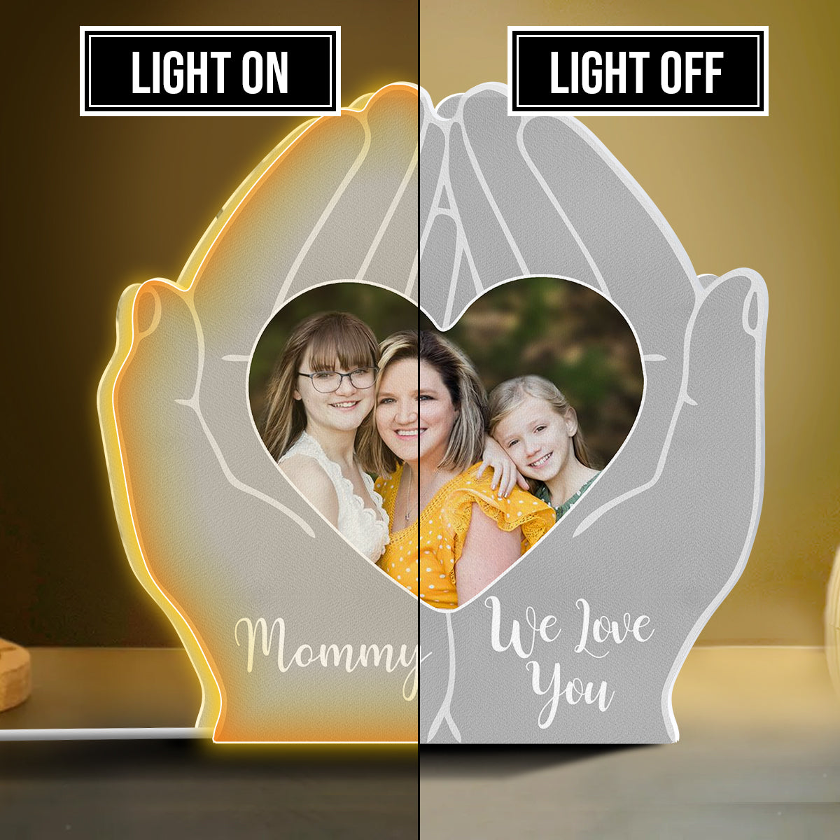 Mom We Love You Hand Holding Heart - Personalized Mother Shaped Light Box