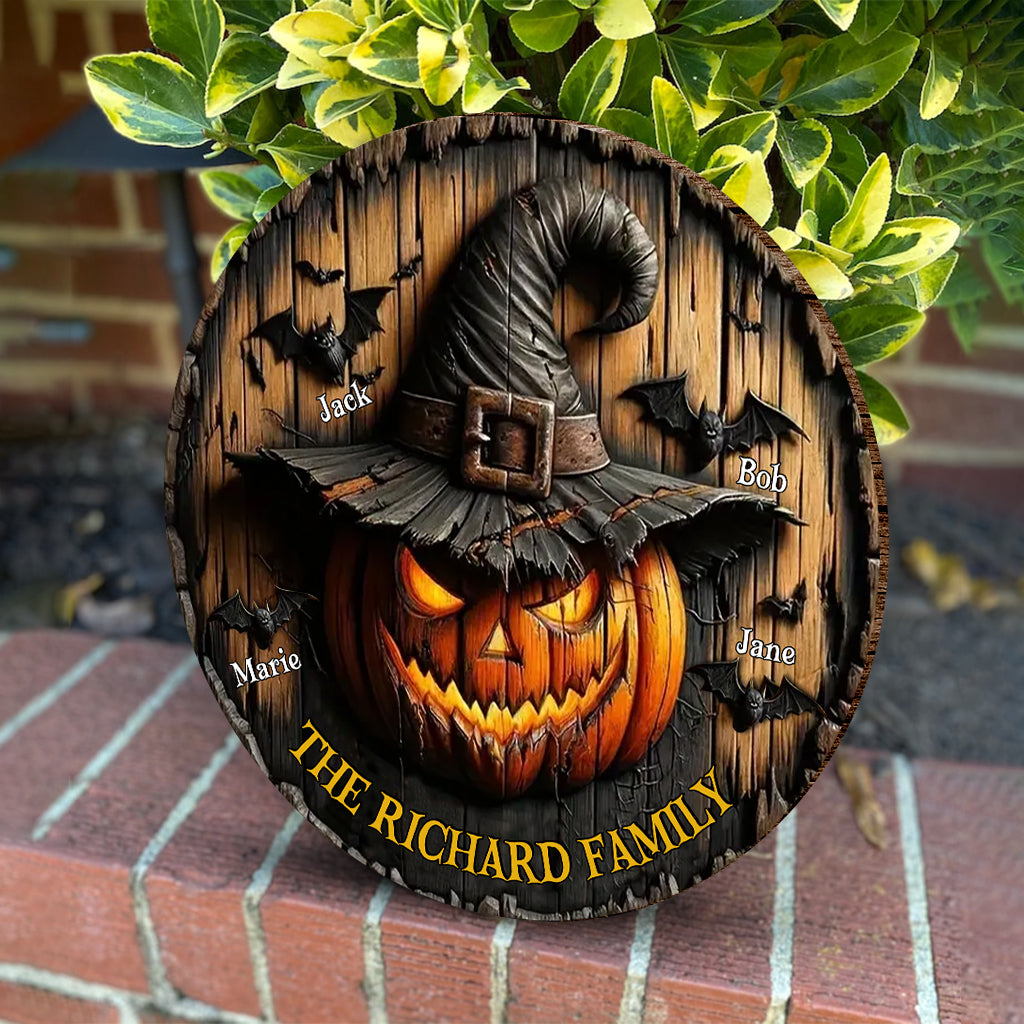 Witch Pumpkin Family - Personalized Family Round Wood Sign
