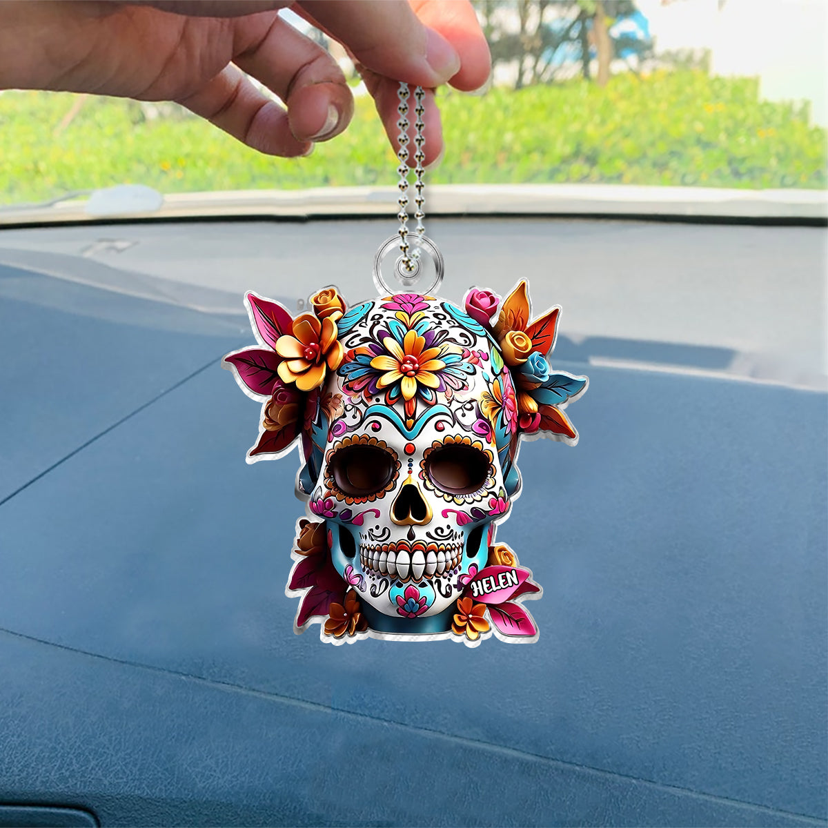 Floral Sugar Skull - Personalized Skull Custom Shaped Car Ornament