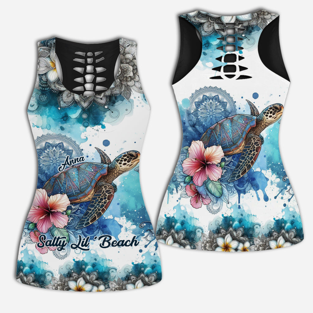 Sea Turtle Mandala Tropical Flower - Personalized Turtle Hollow Tank Top and Leggings