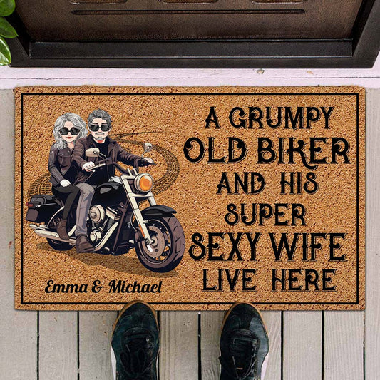 Old Biker And His Sexy Wife - Personalized Biker Doormat