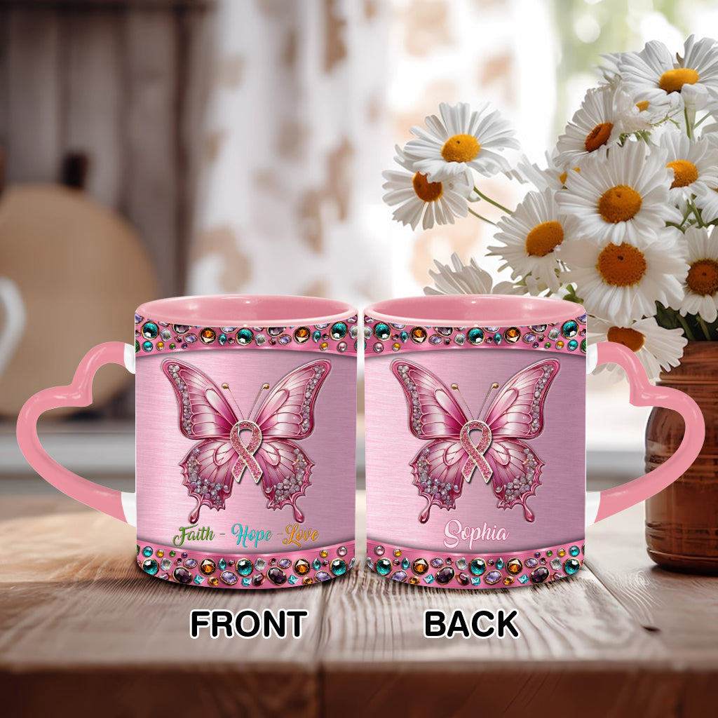 Faith Hope Love - Personalized Breast Cancer Awareness Heart Handle Mug