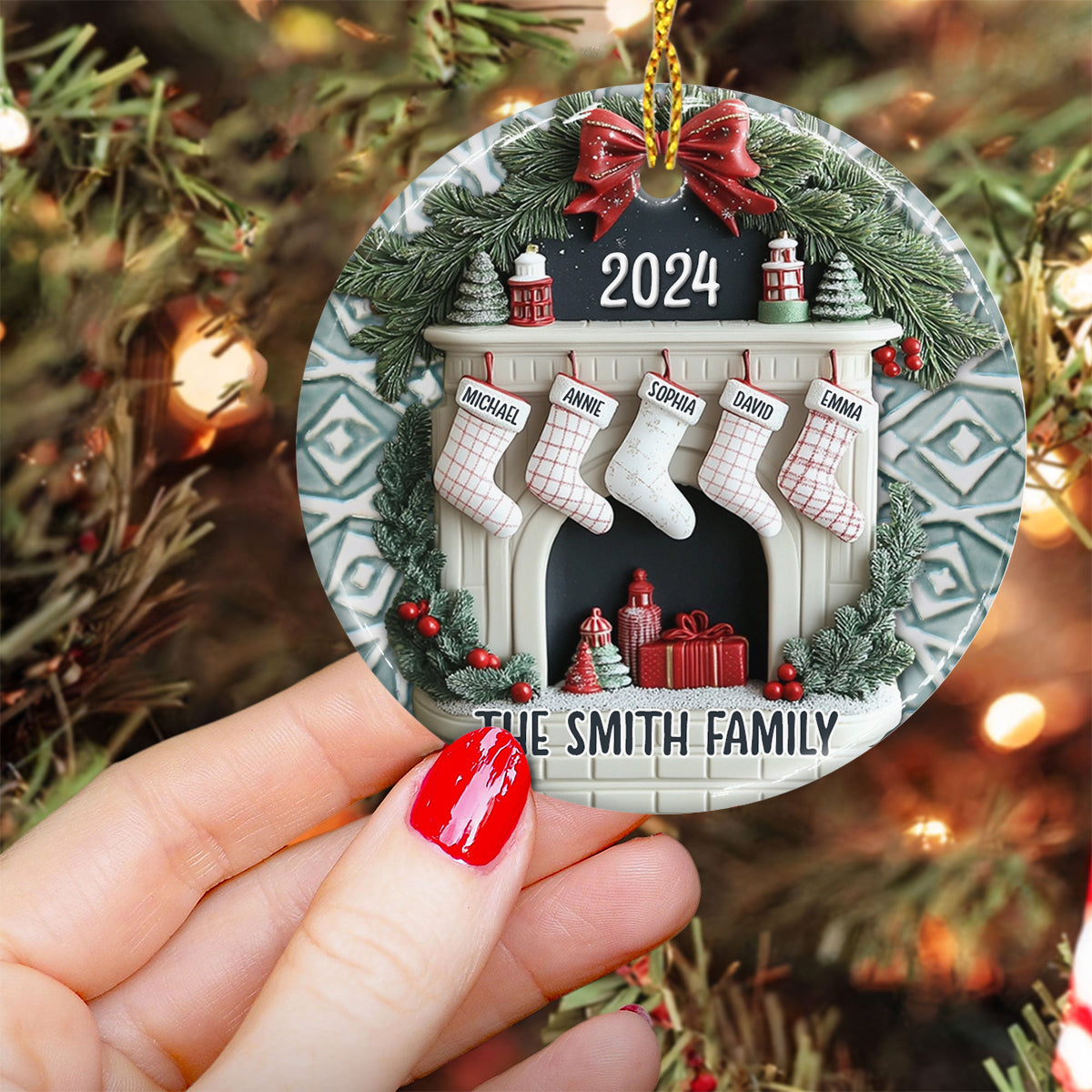 Fireplace Family Socks - Personalized Family Ceramic Circle Ornament