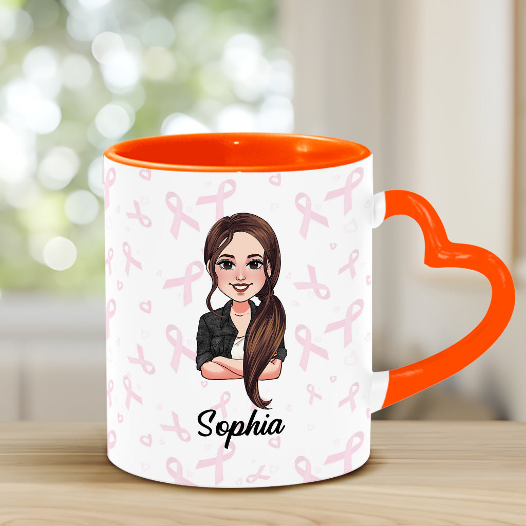 Dear Cancer You Picked The Wrong Bitch - Personalized Breast Cancer Awareness Heart Handle Mug