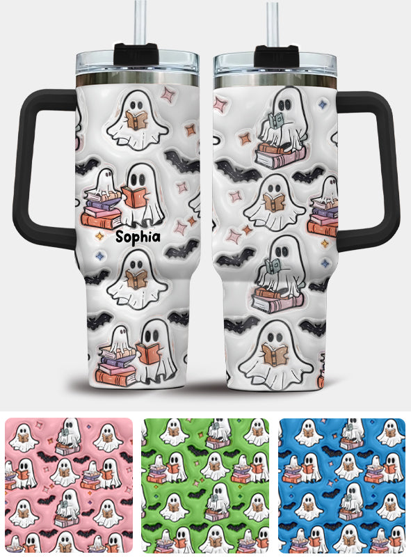 Cute Ghost Reading Booooks - Personalized Book Tumbler With Handle