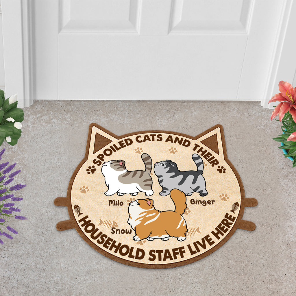 Spoiled Cats And Their Household Staff Live Here - Personalized Cat Shaped Doormat