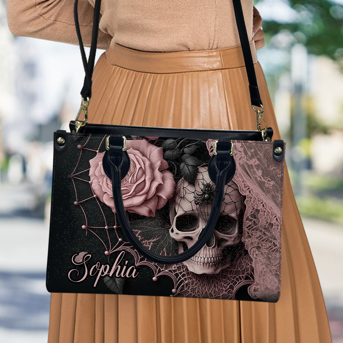 Enchanting Floral & Skull - Personalized Skull Leather Handbag