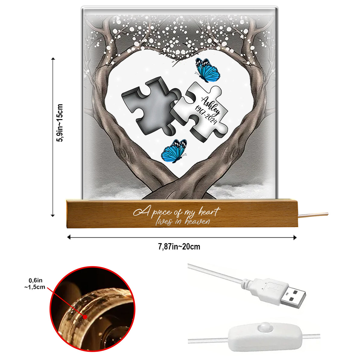 A Piece Of My Heart Lives In Heaven - Personalized Memorial Shaped Led Night Light