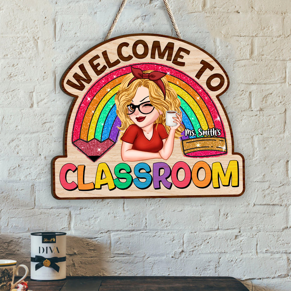 Teacher Life Glitter Rainbow - Personalized Teacher Custom Shaped Wood Sign
