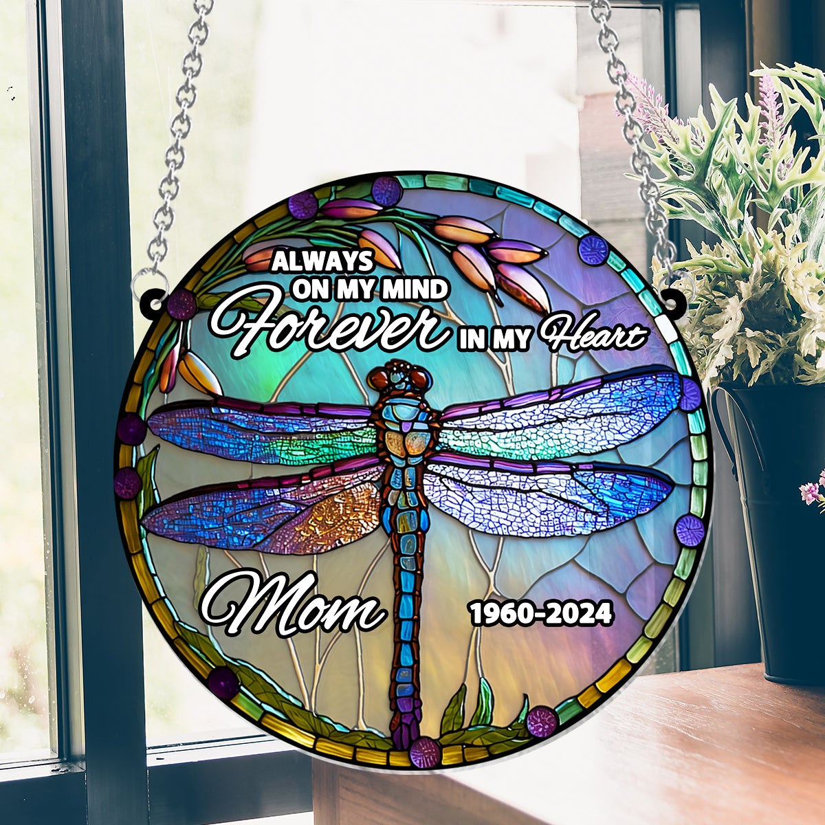 Always On My Mind Forever In My Heart - Personalized Memorial Window Hanging Suncatcher Ornament