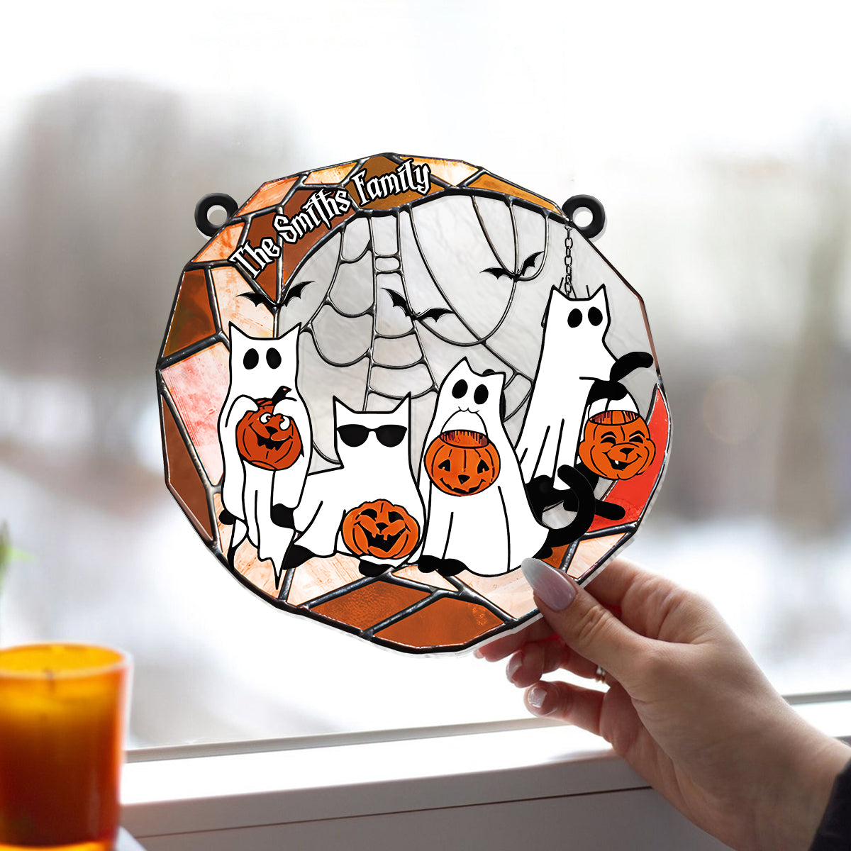 Black Cat Halloween 2024 - Personalized Black Cat Window Hanging Suncatcher Ornament