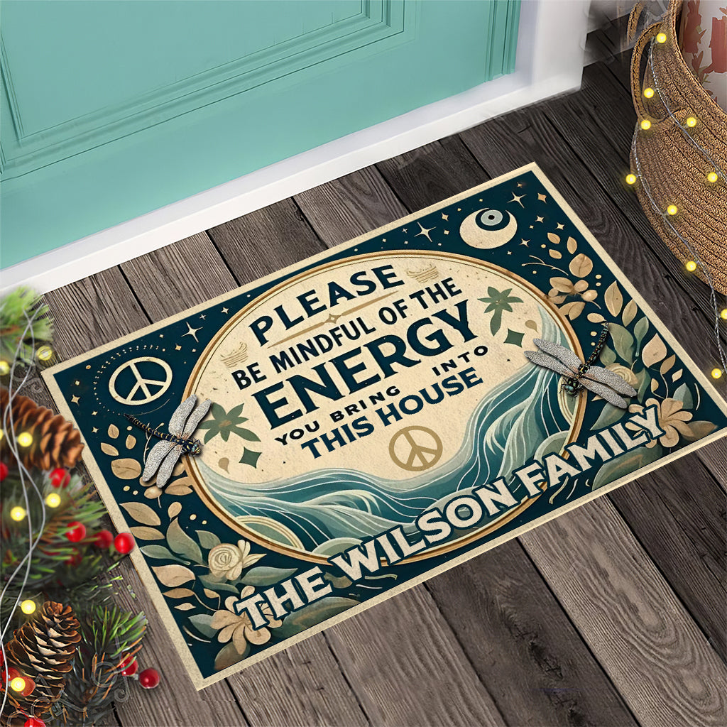 Please Be Mindful Of The Energy - Personalized Hippie Doormat