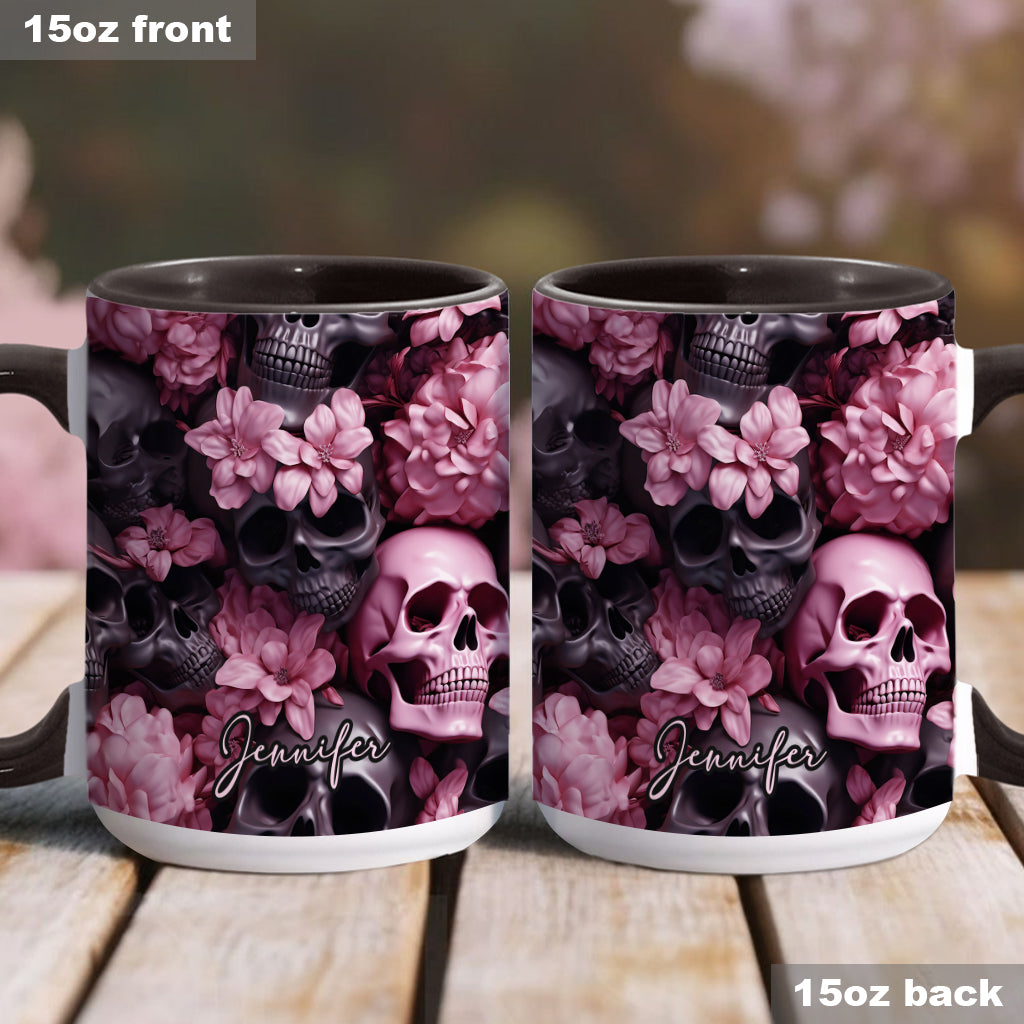 Pink Flowers Black Skulls - Personalized Skull Accent Mug