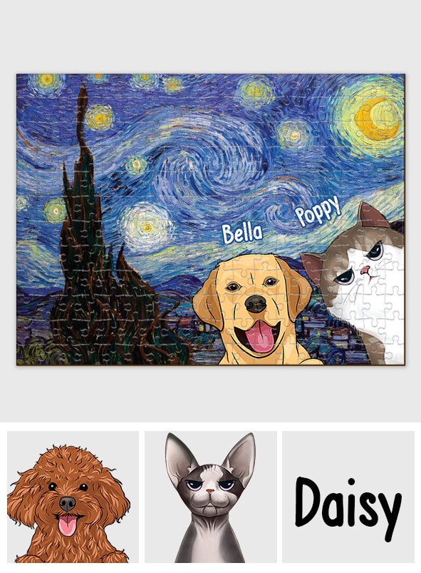 Van Gogh Starry Night Cat - Personalized Cat Jigsaw Puzzle