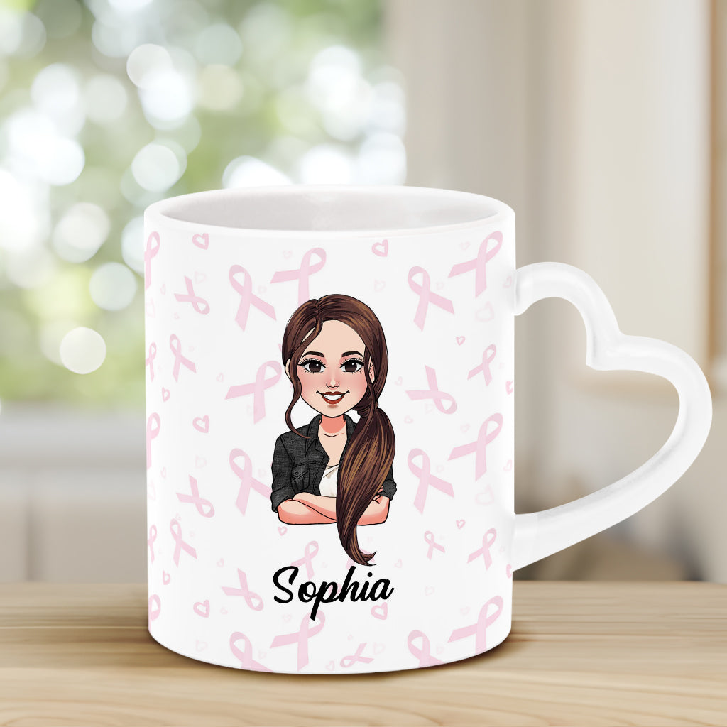 Dear Cancer You Picked The Wrong Bitch - Personalized Breast Cancer Awareness Heart Handle Mug