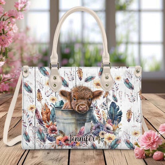 Baby Highland Cow Western Style - Personalized Leather Handbag