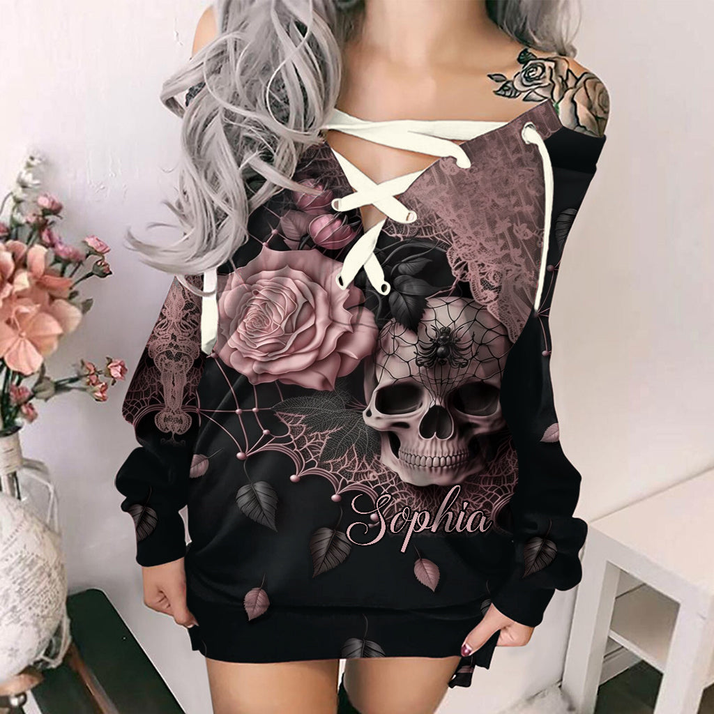 Enchanting Floral & Skull - Personalized Skull Off Shoulder Long Sleeve Dress