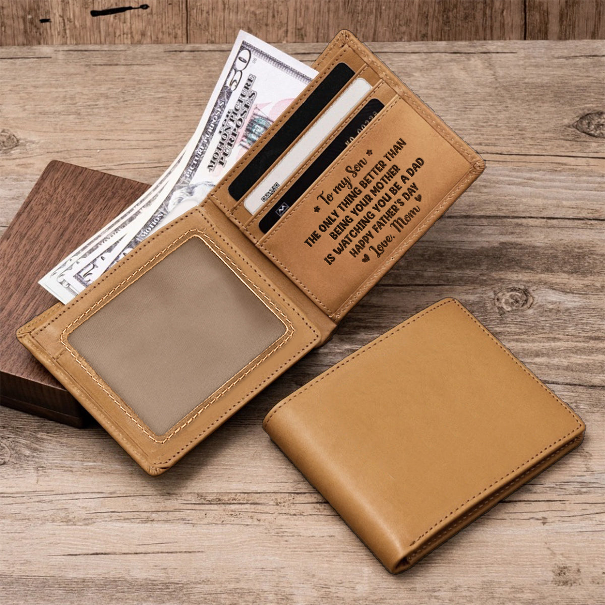 To My Son From Mom Dad Happy Father‘s Day Back View - Personalized Son Leather Wallet