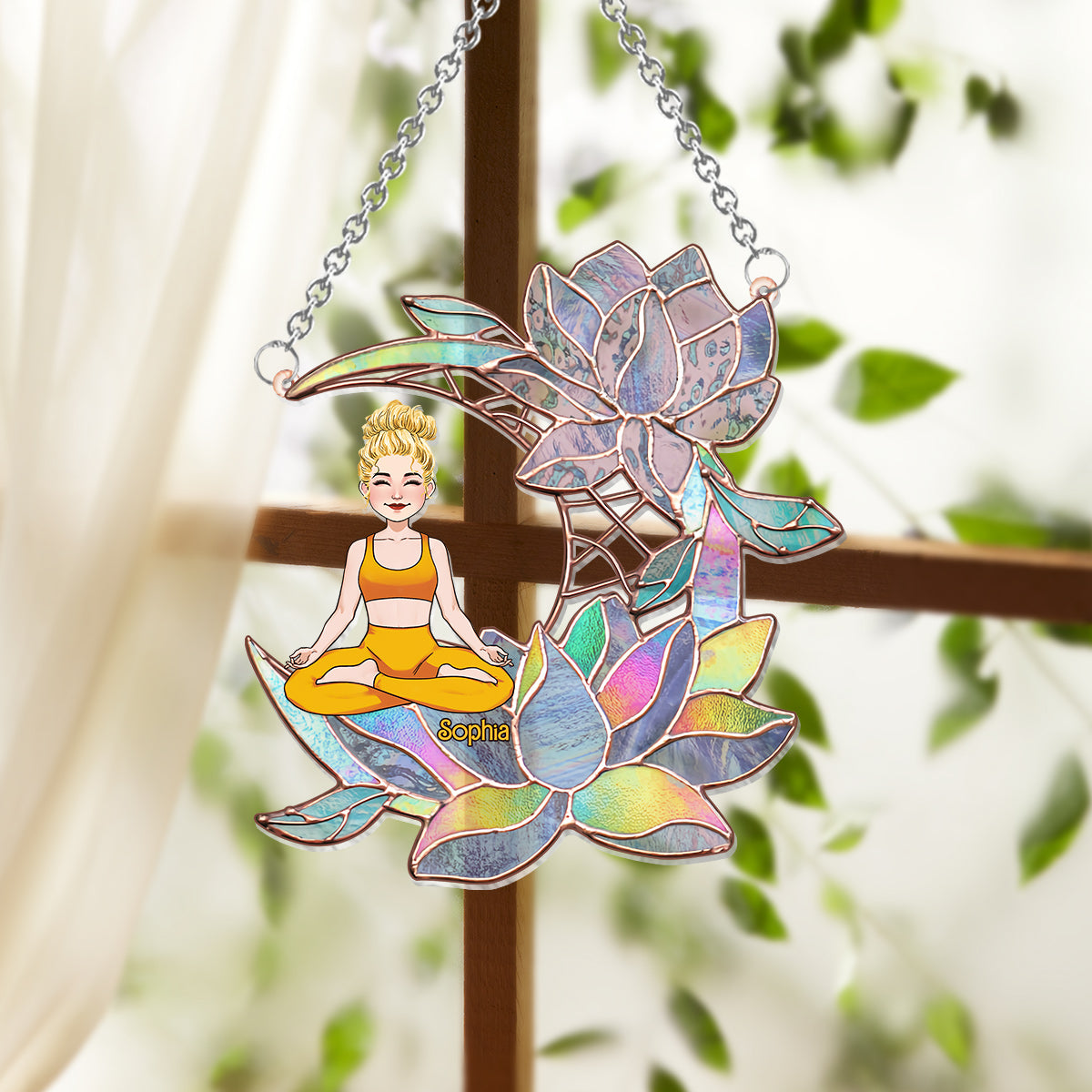 Yoga Girl On Lotus Moon - Personalized Yoga Window Hanging Suncatcher Ornament