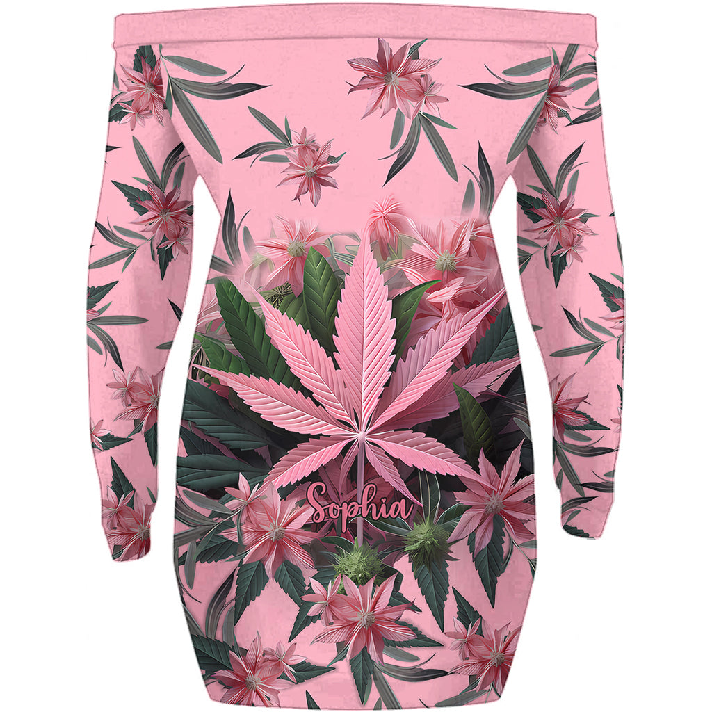 Stoner Chick - Personalized Weed Off Shoulder Long Sleeve Dress