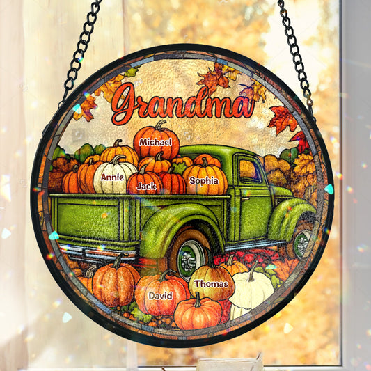 Grandma Fall Truck - Personalized Grandma Stained Glass Suncatcher
