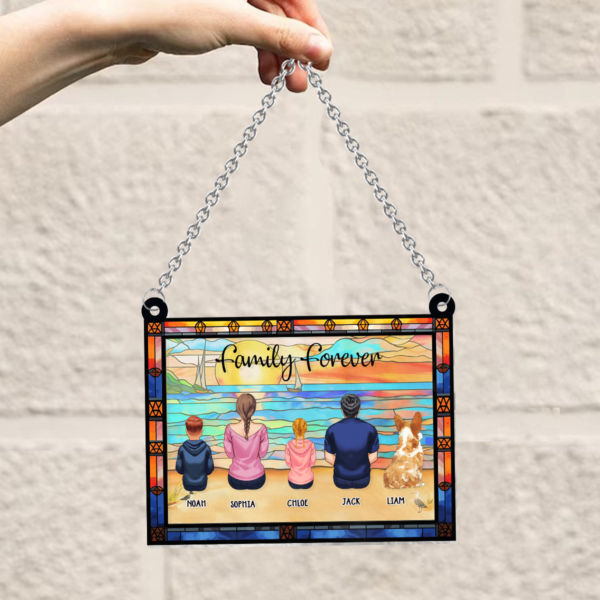 Family Sitting Back View Beautiful Ocean - Personalized Family Window Hanging Suncatcher Ornament