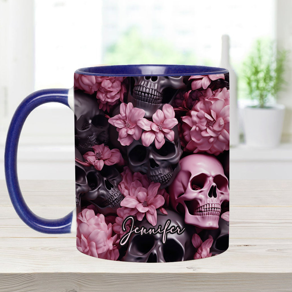 Pink Flowers Black Skulls - Personalized Skull Accent Mug