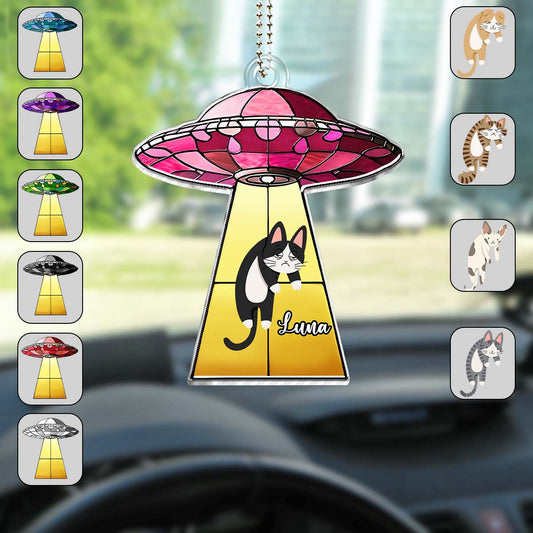 UFO With A Cat - Personalized Cat Custom Shaped Car Ornament