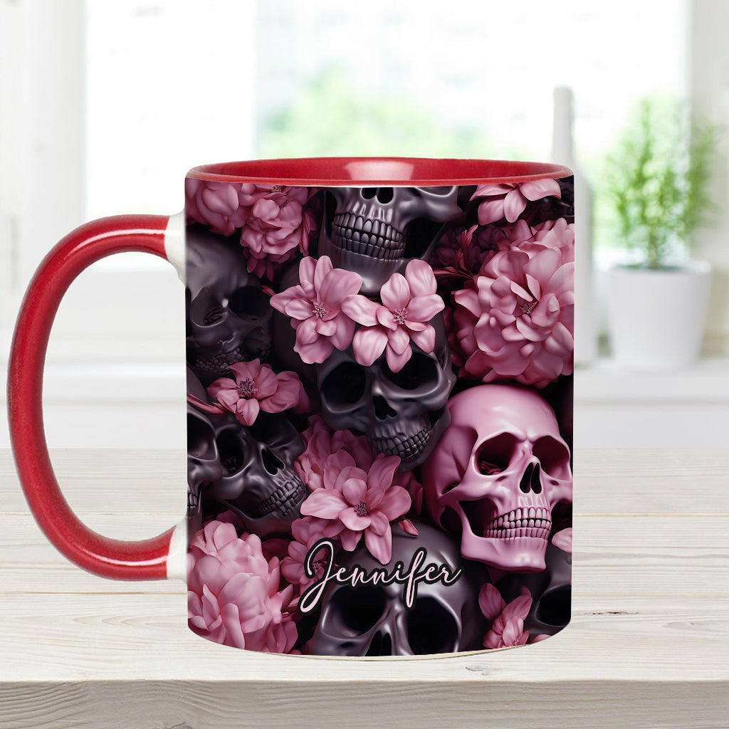 Pink Flowers Black Skulls - Personalized Skull Accent Mug