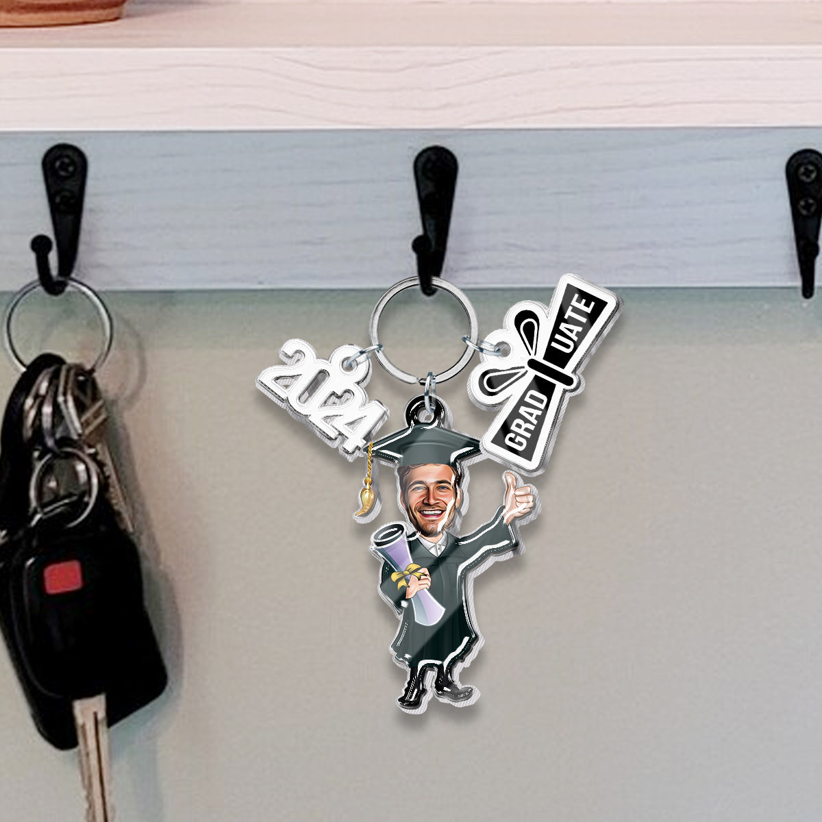 Funny Graduate Caricature - Personalized Graduation Keychain with Charms