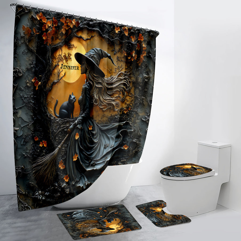 Beautiful Witch & Her Black Cat - Personalized Witch Bathroom Curtain & Mats Set