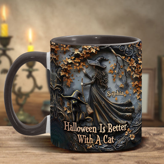Halloween Is Better With A Cat - Personalized Black Cat Accent Mug