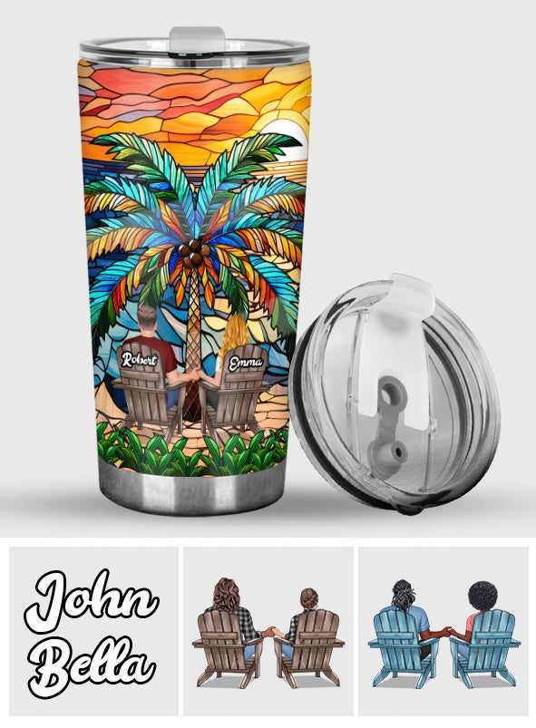 Under The Palm Tree Happy Couple - Personalized Couple Tumbler