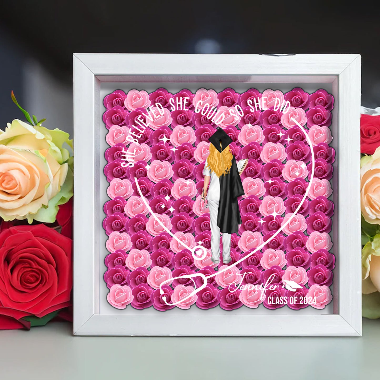 They Believed They Could So They Did - Personalized Graduation Custom Shaped Flower Shadow Box