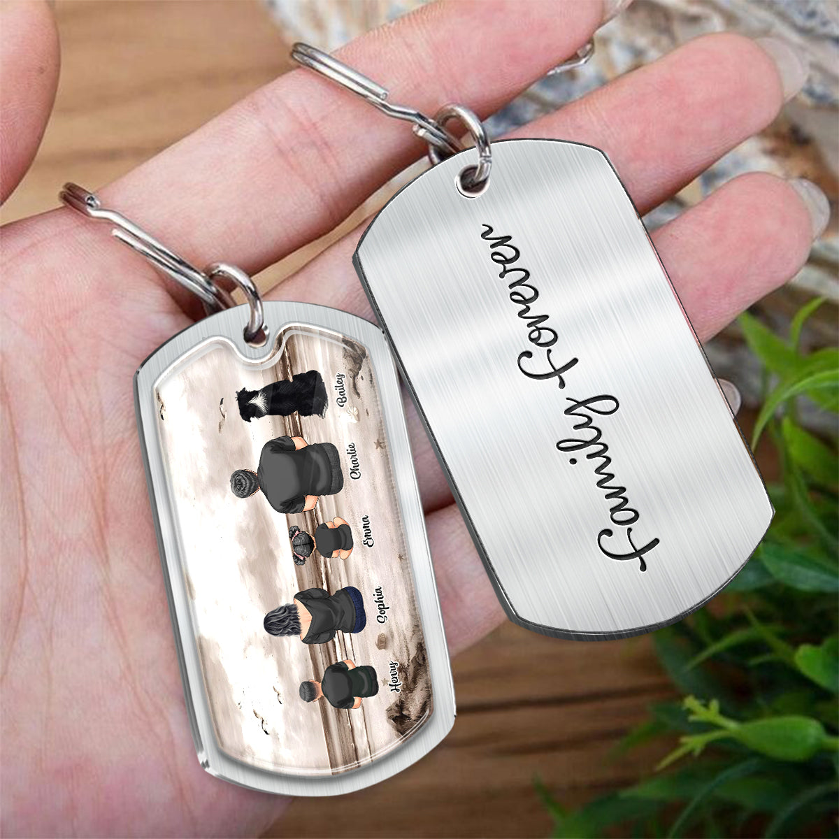 Family Sitting Back View Retro Vintage Beach Landscape - Personalized Family Epoxy Metal Keychain